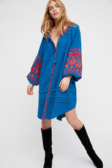 Boho Ethnic Puff Long Sleeve Embroidered Shift Dress
