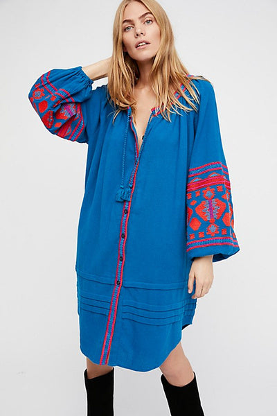 Boho Ethnic Puff Long Sleeve Embroidered Shift Dress