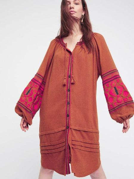 Boho Ethnic Puff Long Sleeve Embroidered Shift Dress