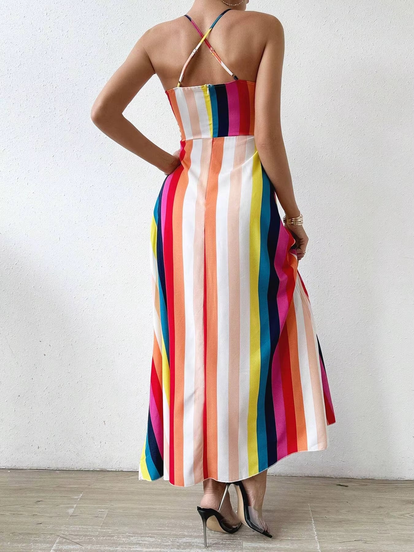 Bohemian Ethnic Spaghetti Strap Pattern Backless Split Thigh Maxi Dress