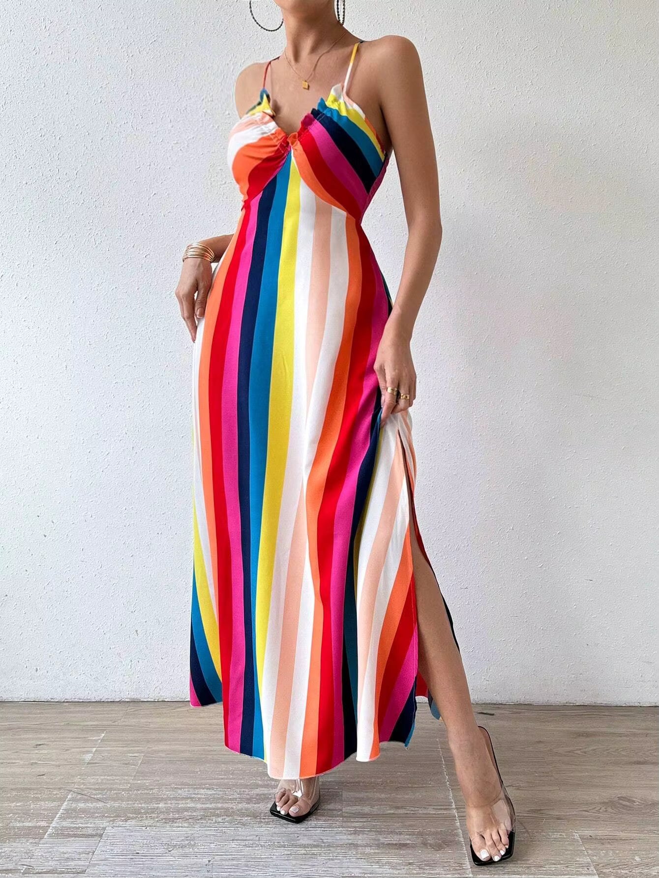 Bohemian Ethnic Spaghetti Strap Pattern Backless Split Thigh Maxi Dress
