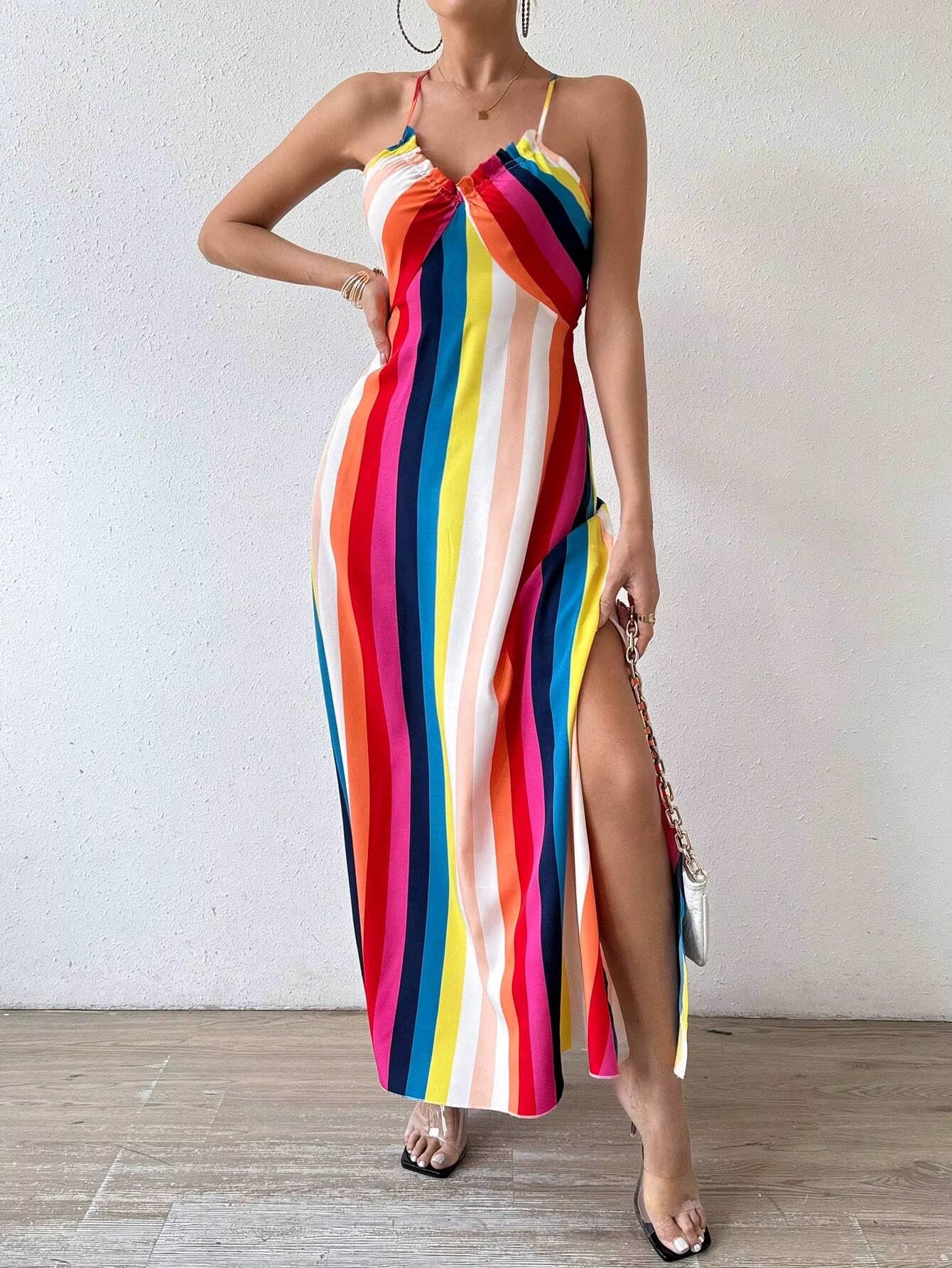 Bohemian Ethnic Spaghetti Strap Pattern Backless Split Thigh Maxi Dress