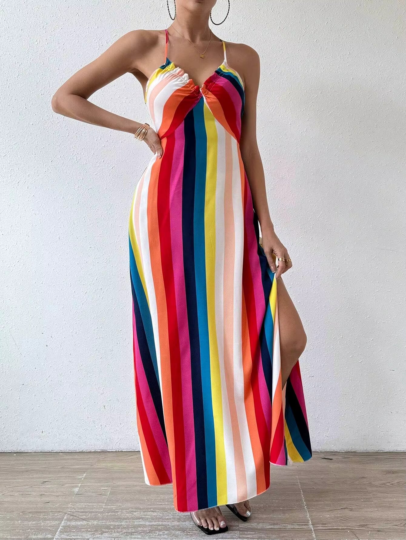 Bohemian Ethnic Spaghetti Strap Pattern Backless Split Thigh Maxi Dress
