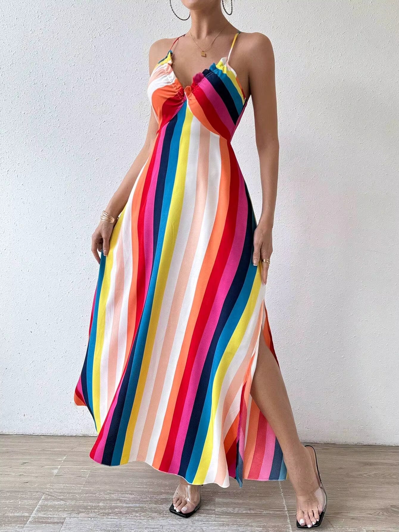 Bohemian Ethnic Spaghetti Strap Pattern Backless Split Thigh Maxi Dress