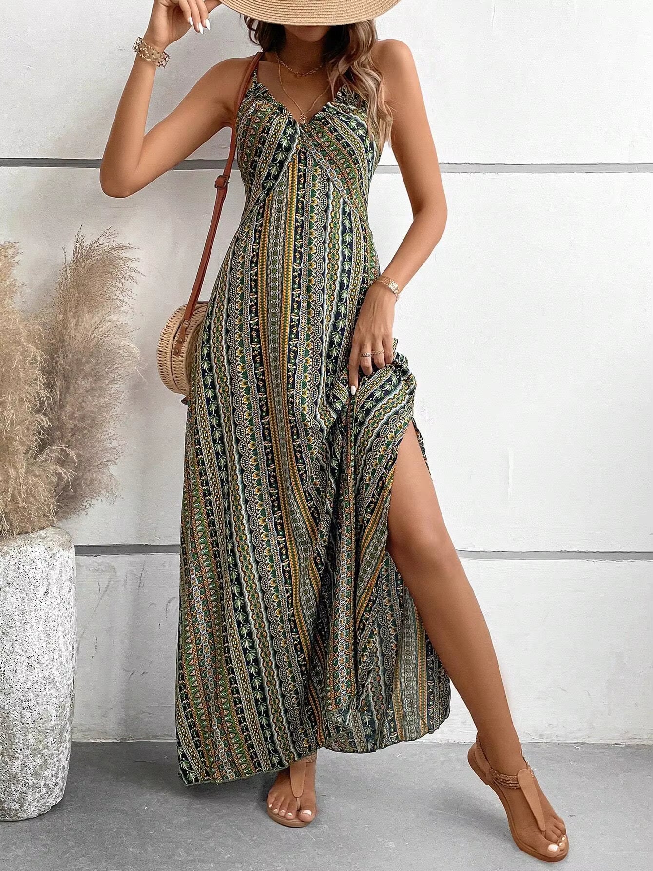 Bohemian Ethnic Spaghetti Strap Pattern Backless Split Thigh Maxi Dress