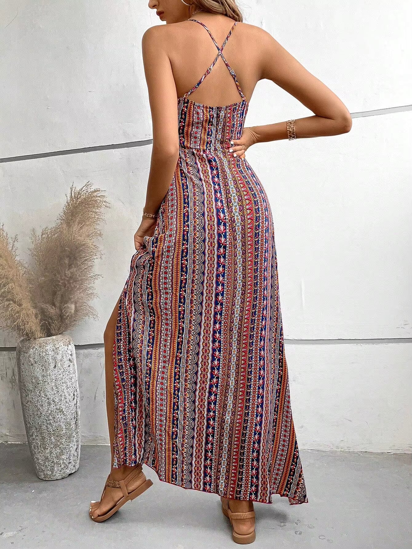 Bohemian Ethnic Spaghetti Strap Pattern Backless Split Thigh Maxi Dress