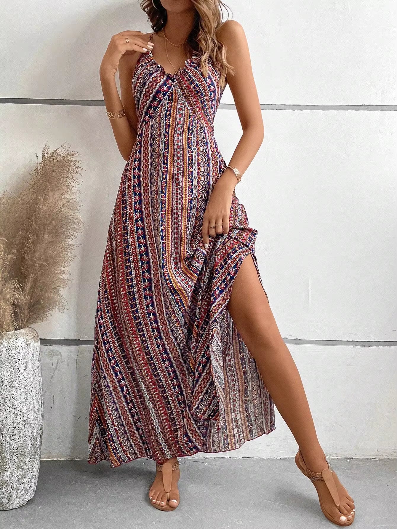 Bohemian Ethnic Spaghetti Strap Pattern Backless Split Thigh Maxi Dress