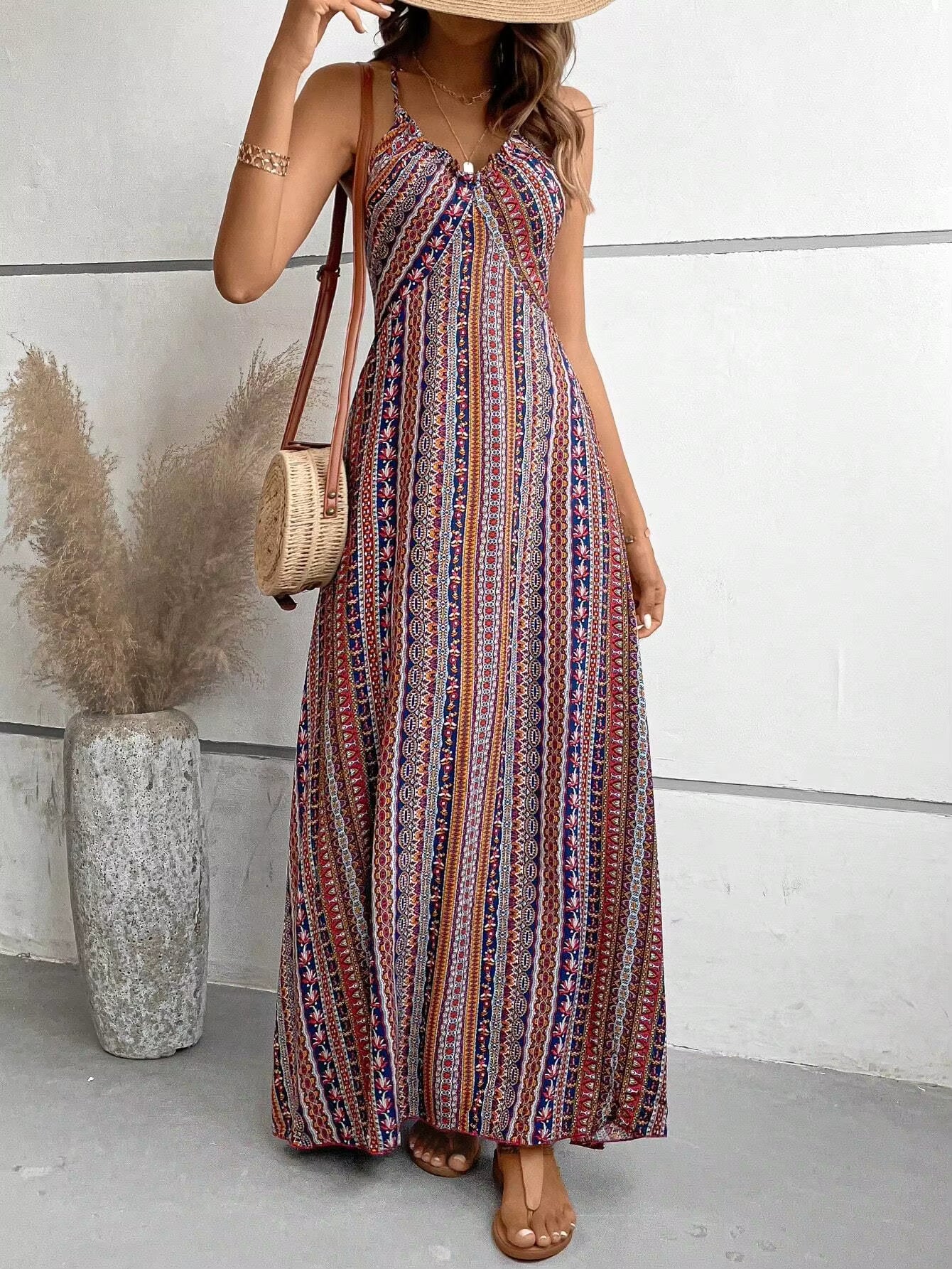 Bohemian Ethnic Spaghetti Strap Pattern Backless Split Thigh Maxi Dress