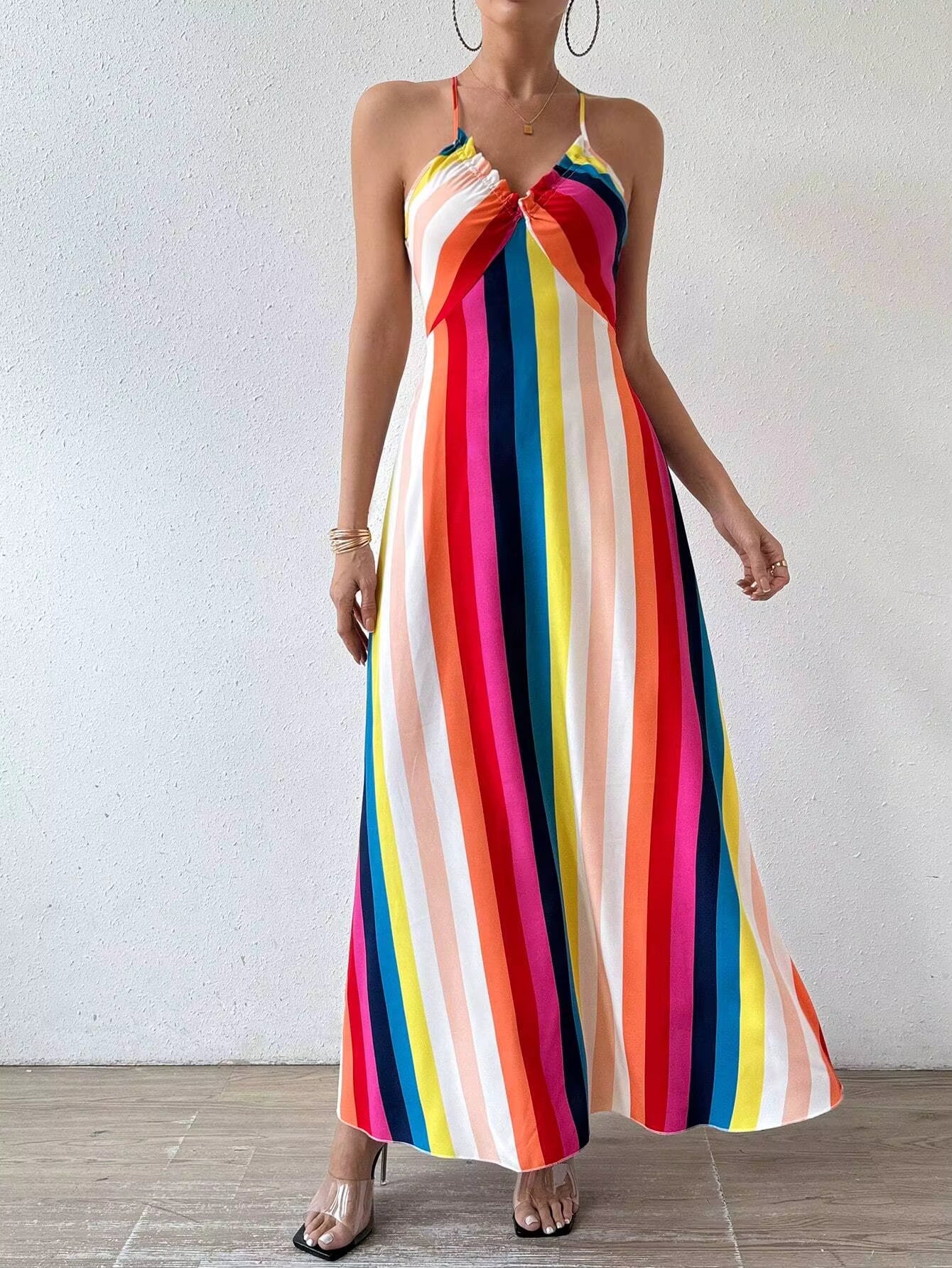 Bohemian Ethnic Spaghetti Strap Pattern Backless Split Thigh Maxi Dress