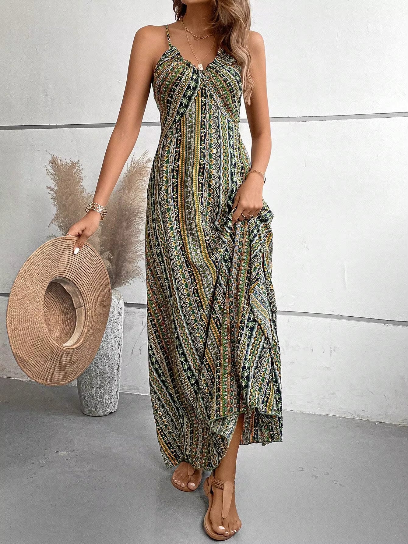 Bohemian Ethnic Spaghetti Strap Pattern Backless Split Thigh Maxi Dress