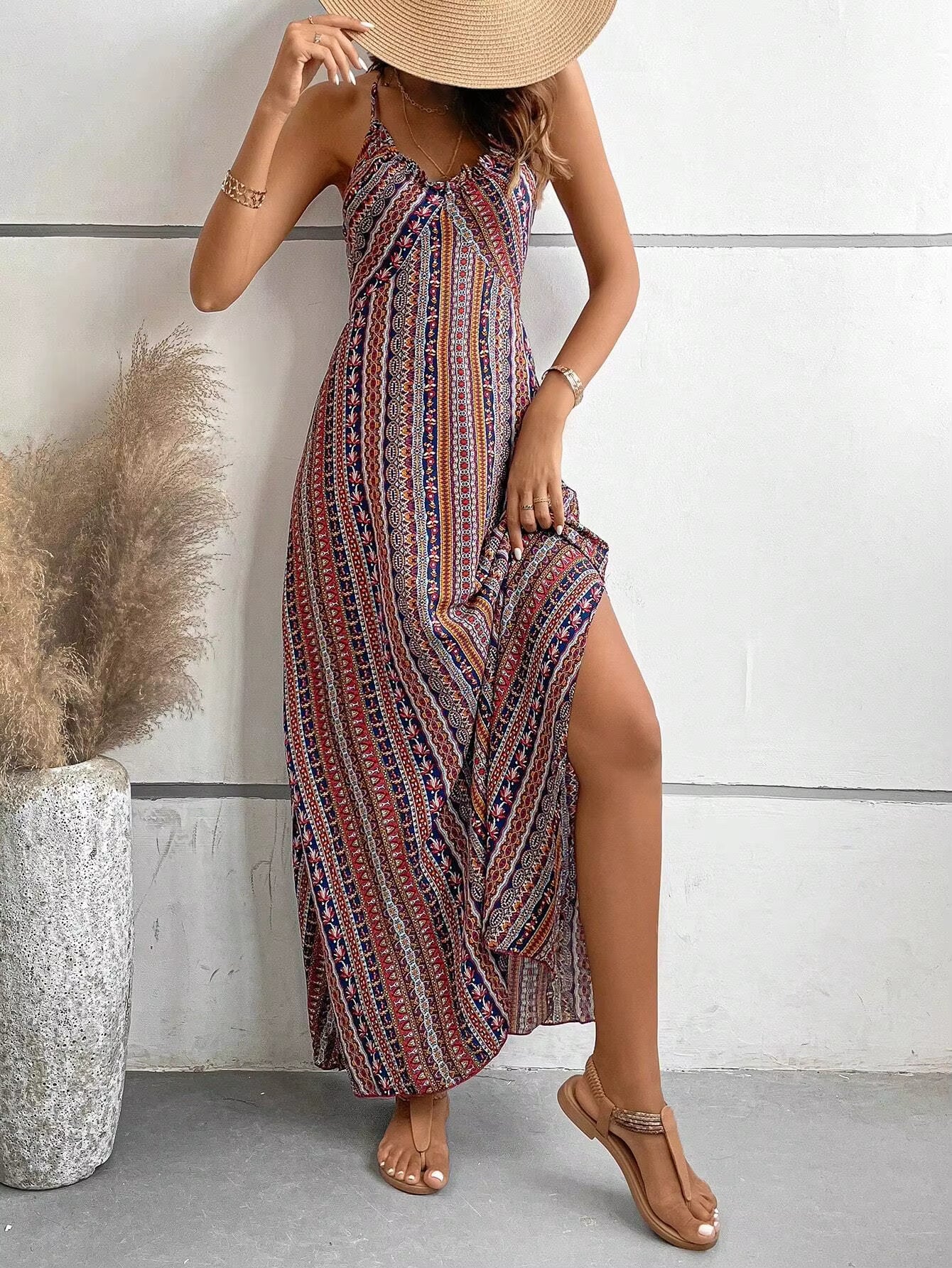 Bohemian Ethnic Spaghetti Strap Pattern Backless Split Thigh Maxi Dress