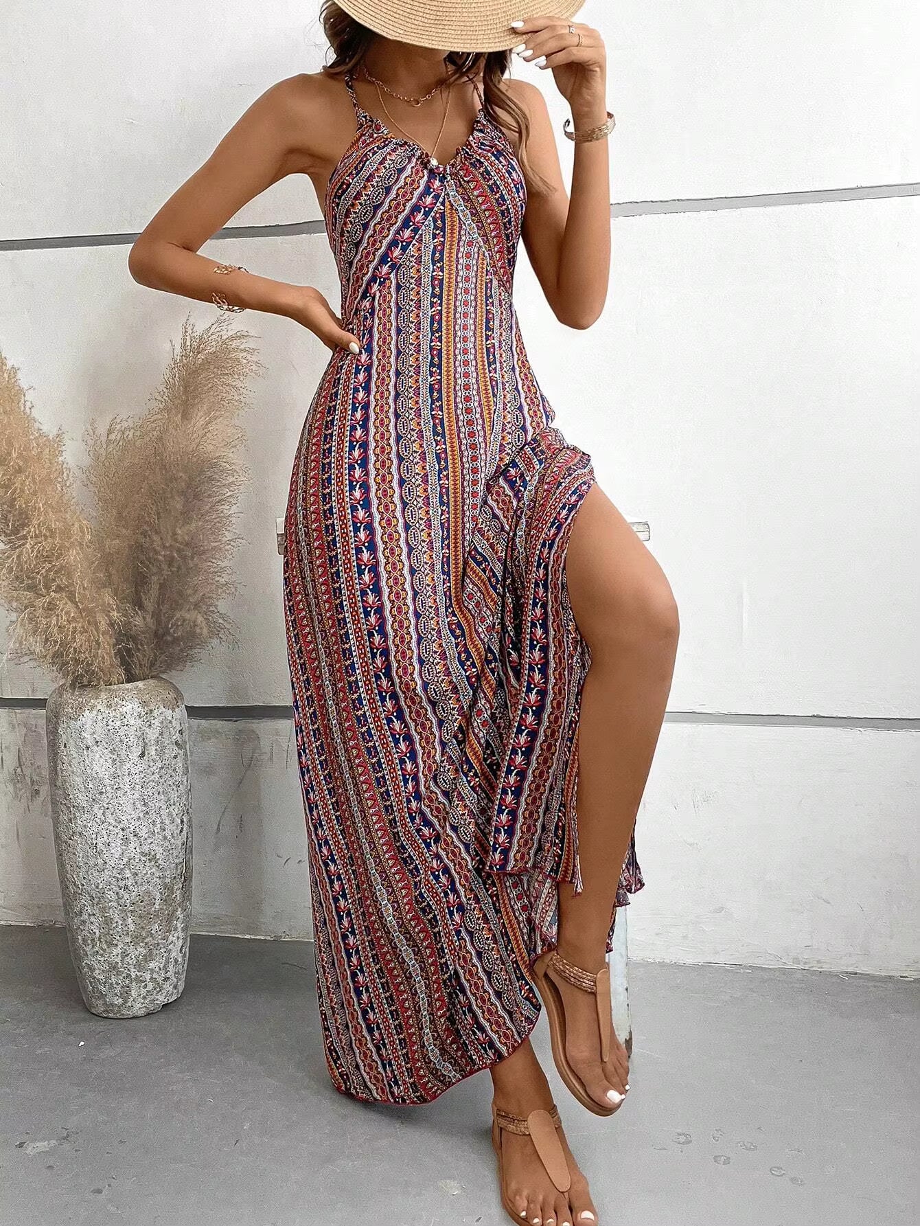 Bohemian Ethnic Spaghetti Strap Pattern Backless Split Thigh Maxi Dress