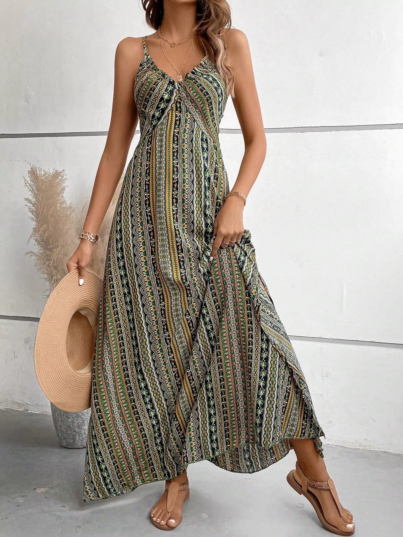 Bohemian Ethnic Spaghetti Strap Pattern Backless Split Thigh Maxi Dress