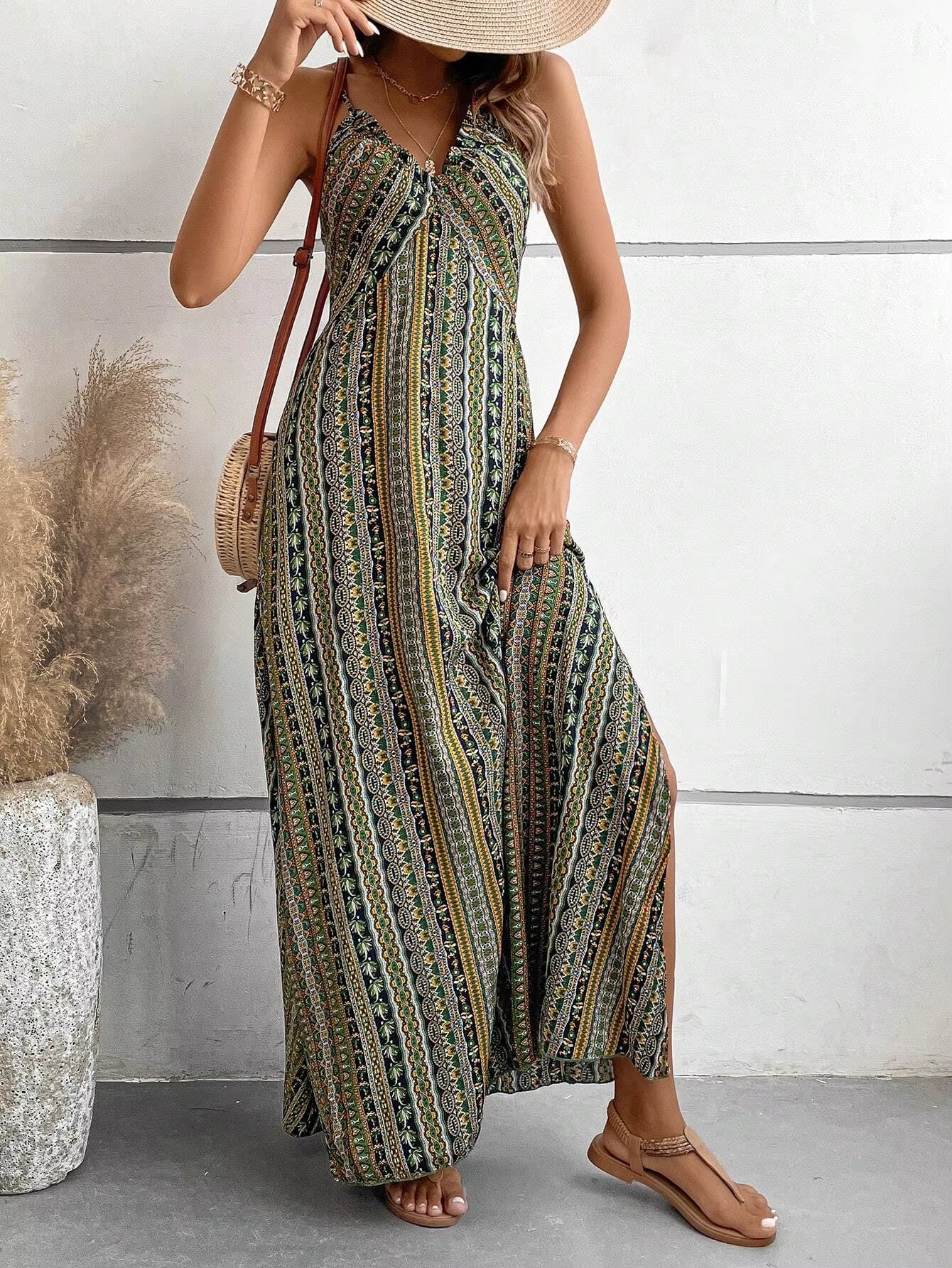 Bohemian Ethnic Spaghetti Strap Pattern Backless Split Thigh Maxi Dress