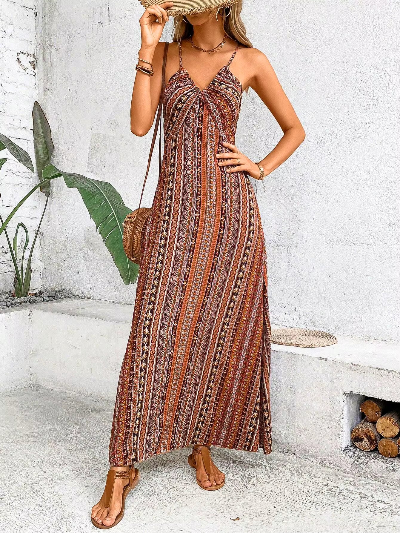 Bohemian Ethnic Spaghetti Strap Pattern Backless Split Thigh Maxi Dress