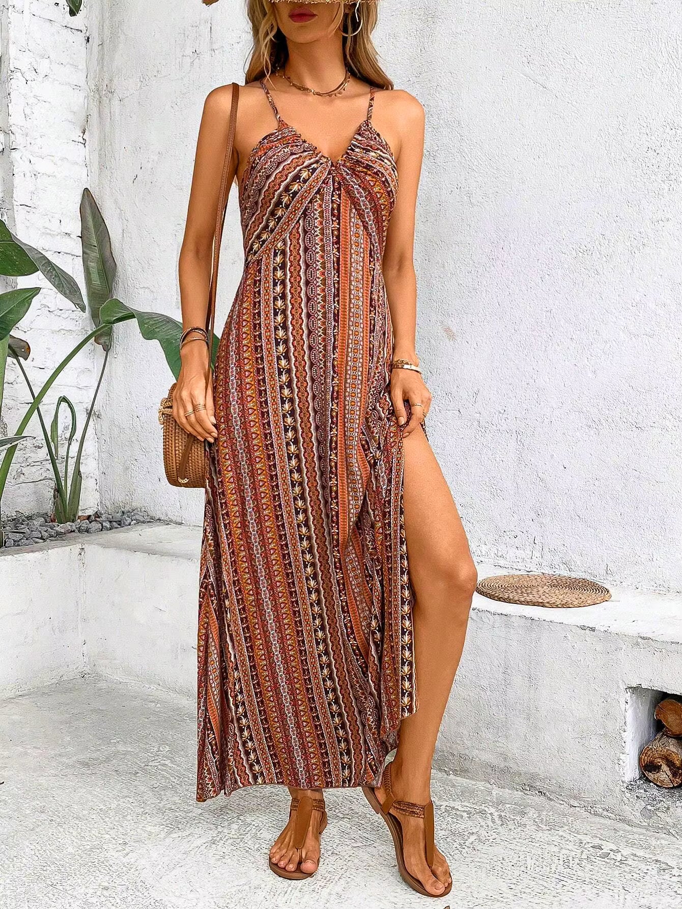 Bohemian Ethnic Spaghetti Strap Pattern Backless Split Thigh Maxi Dress