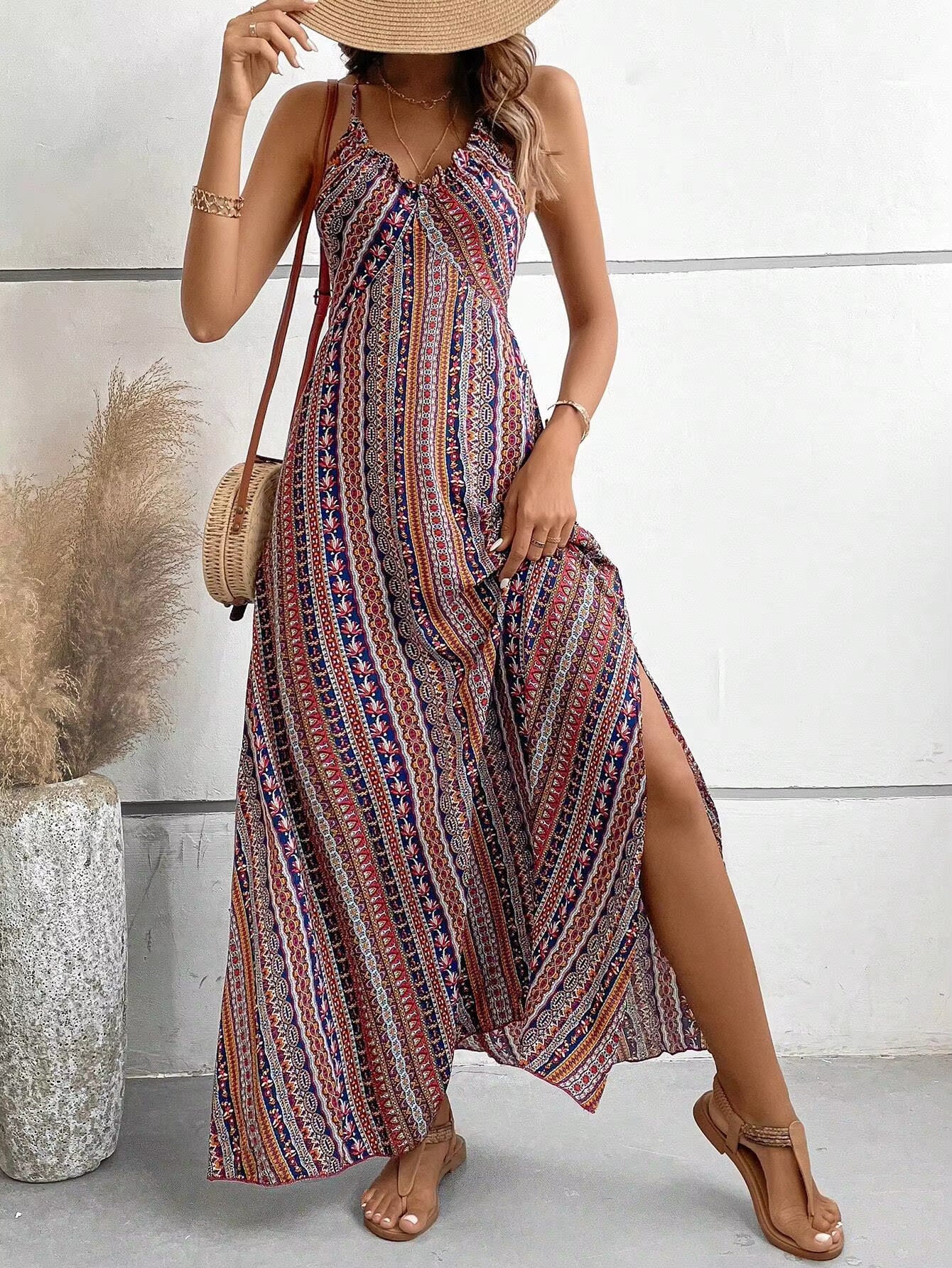 Bohemian Ethnic Spaghetti Strap Pattern Backless Split Thigh Maxi Dress