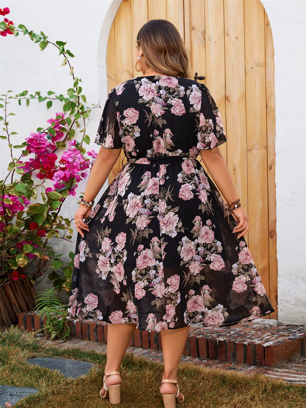 Boho Floral Print A-line Surplice Neck Butterfly Sleeve Belted Plus Size Midi Dress