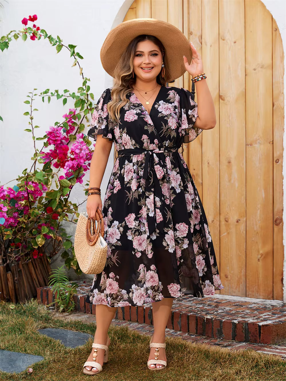 Boho Floral Print A-line Surplice Neck Butterfly Sleeve Belted Plus Size Midi Dress