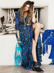 Boho Floral Print High Split Chiffon Long Maxi Dress