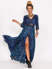 Boho Floral Print High Split Chiffon Long Maxi Dress