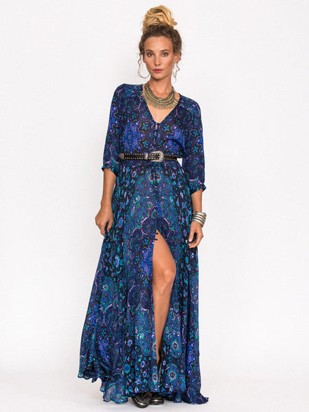 Boho Floral Print High Split Chiffon Long Maxi Dress