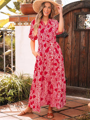 Boho Floral Print V-neck Short Sleeve Resort Wear Maxi Dress