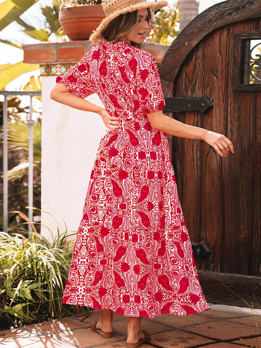 Boho Floral Print V-neck Short Sleeve Resort Wear Maxi Dress