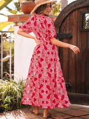 Boho Floral Print V-neck Short Sleeve Resort Wear Maxi Dress