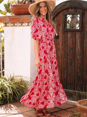 Boho Floral Print V-neck Short Sleeve Resort Wear Maxi Dress