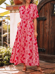 Boho Floral Print V-neck Short Sleeve Resort Wear Maxi Dress