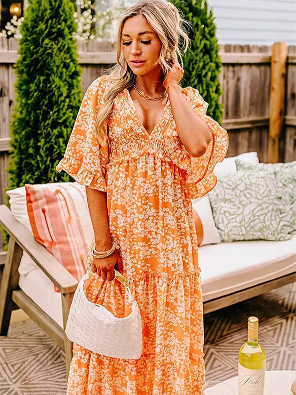 Boho V-neck Floral With V-Neck And High Waist In Maxi Dress