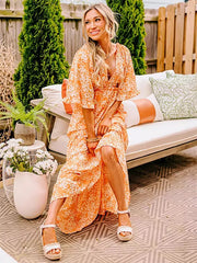 Boho V-neck Floral With V-Neck And High Waist In Maxi Dress