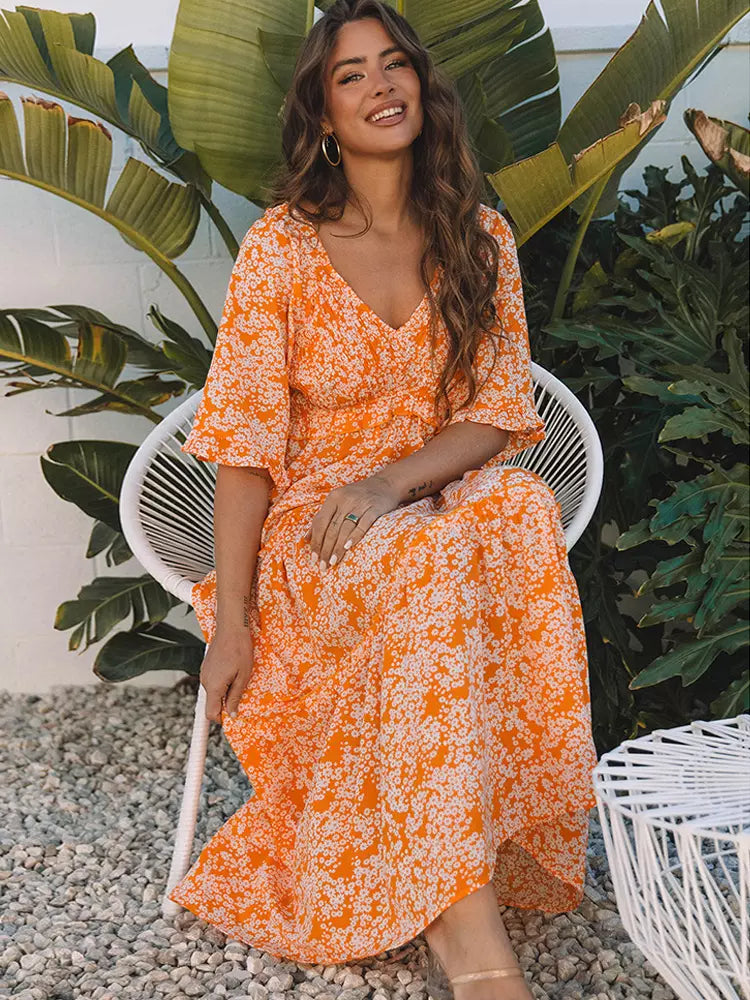 Boho V-neck Floral With V-Neck And High Waist In Maxi Dress
