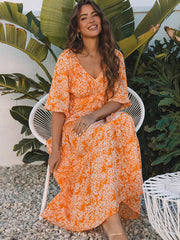 Boho V-neck Floral With V-Neck And High Waist In Maxi Dress