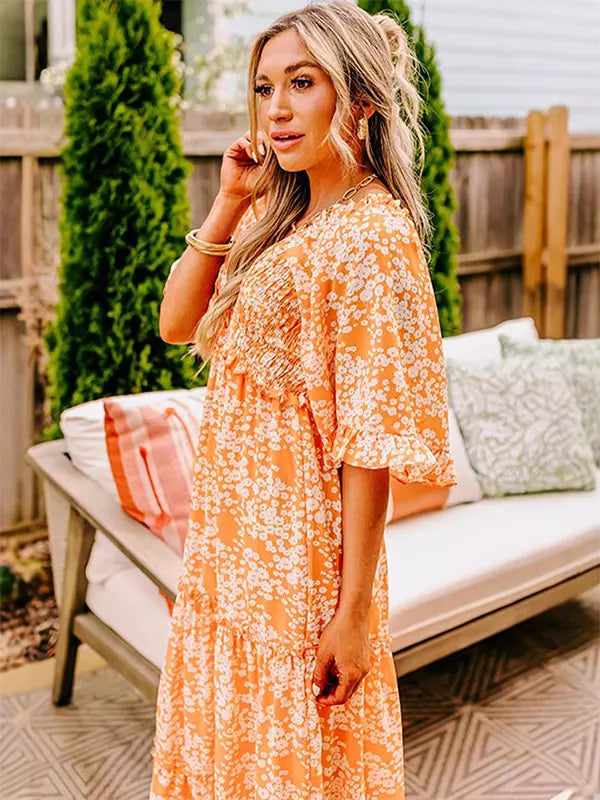 Boho V-neck Floral With V-Neck And High Waist In Maxi Dress