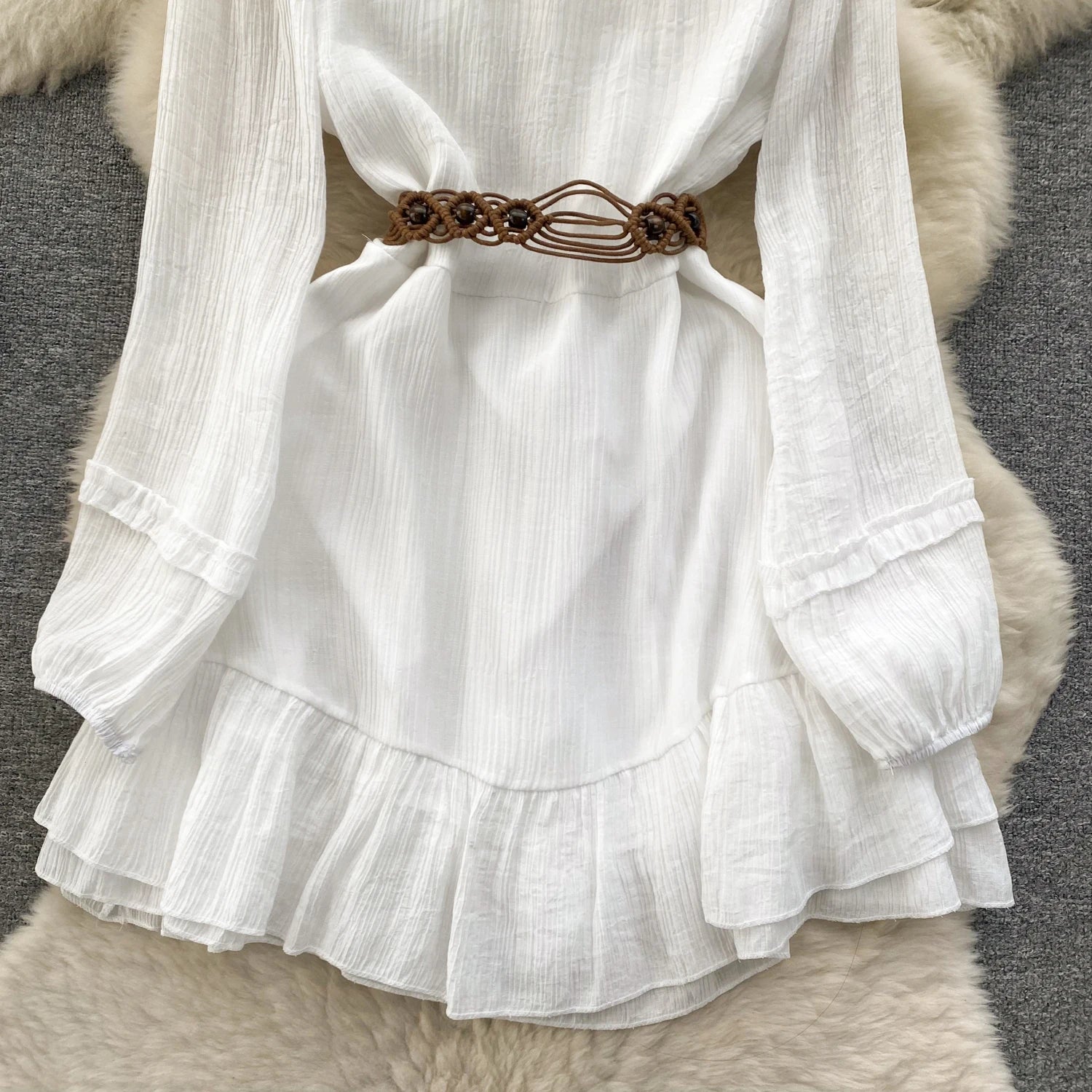 Boho Holiday Dress for Women Ruffles V-neck Lace-up Long Sleeve