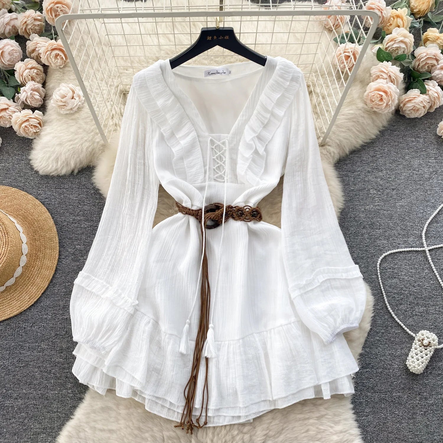 Boho Holiday Dress for Women Ruffles V-neck Lace-up Long Sleeve