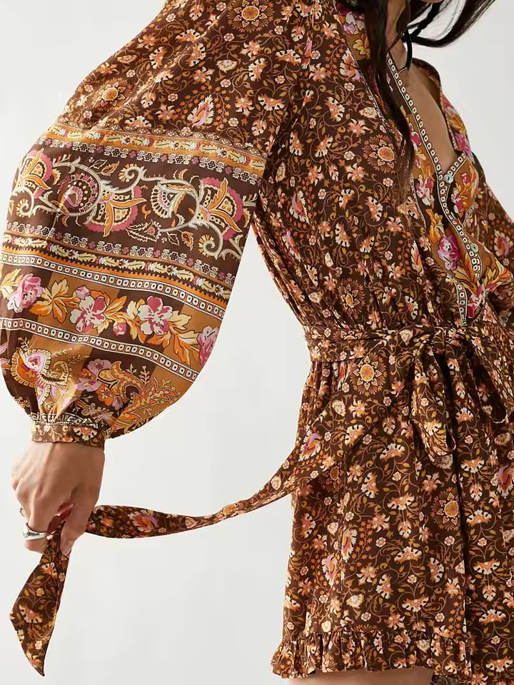 Boho Inspired Vintage Floral Print Long Sleeve Belted Jumpsuit
