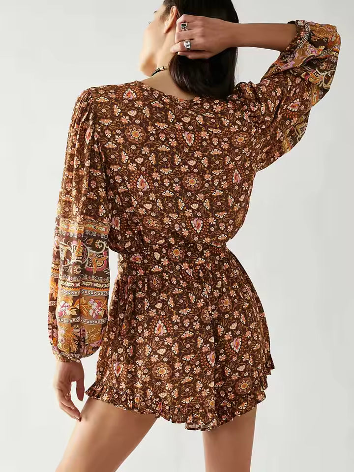 Boho Inspired Vintage Floral Print Long Sleeve Belted Jumpsuit