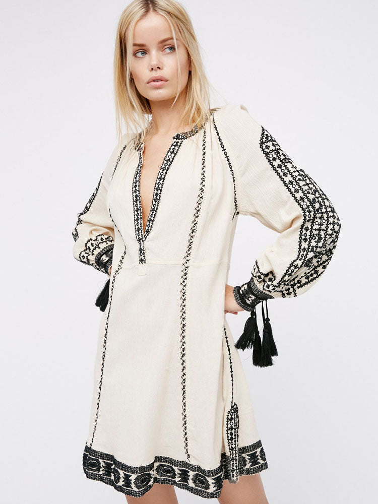 Boho Long Sleeve Plunging Neck Printed Fringe Split Shift Dresses