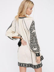 Boho Long Sleeve Plunging Neck Printed Fringe Split Shift Dresses