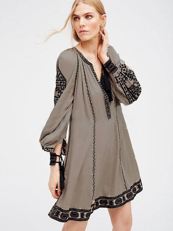 Boho Long Sleeve Plunging Neck Printed Fringe Split Shift Dresses