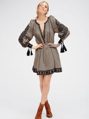 Boho Long Sleeve Plunging Neck Printed Fringe Split Shift Dresses