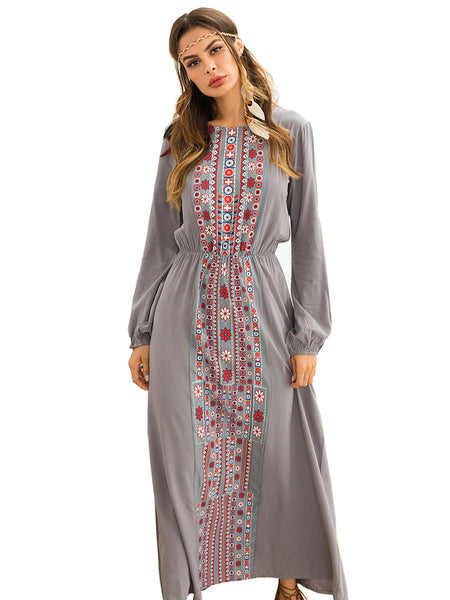 Boho Long Sleeve Scoop Neck Embroidered Maxi Dress