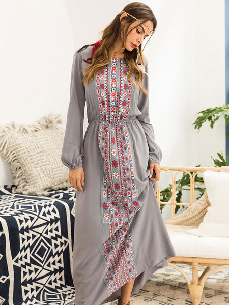 Boho Long Sleeve Scoop Neck Embroidered Maxi Dress