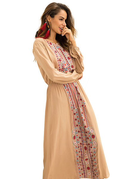 Boho Long Sleeve Scoop Neck Embroidered Maxi Dress