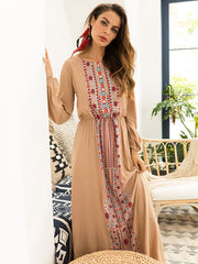 Boho Long Sleeve Scoop Neck Embroidered Maxi Dress