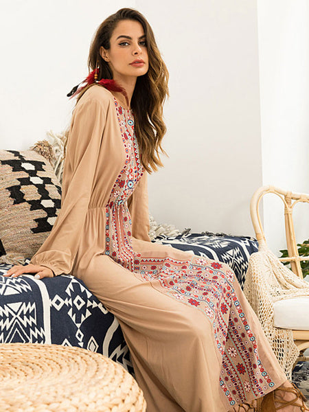 Boho Long Sleeve Scoop Neck Embroidered Maxi Dress