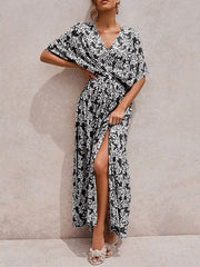 Boho Maxi Dress V Neck Short Sleeves Split Beach Dress